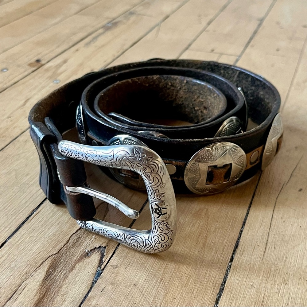 Black Leather Belt with Silver Buckle and Conchos